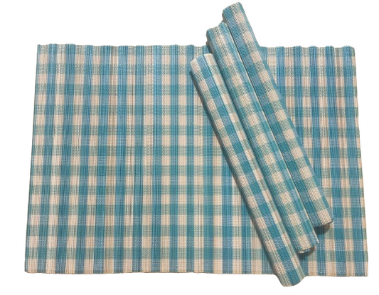 LOT DE 4 SETS DE TABLE EN BAMBOU BLEU DESIGN VICHY